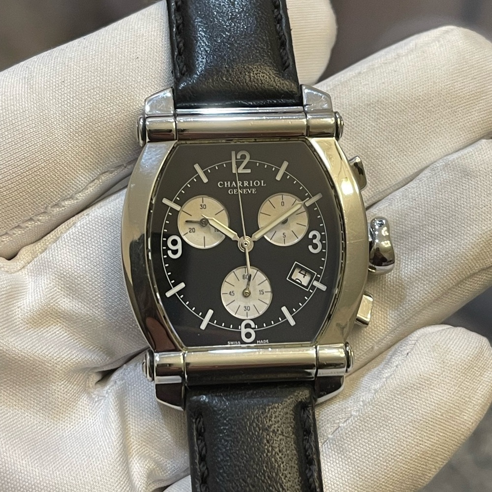 CHARRIOL COLYMBYS® Chrono Black Leather Stainless Steel Quartz Men's Watch 060T - Picture 13 of 16
